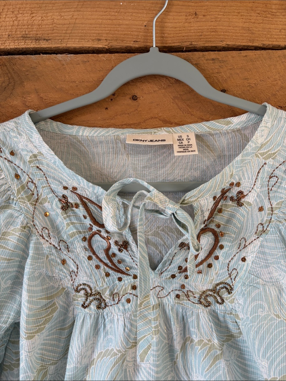 DKNY Light Blue Embroidered Tie-Neck Peasant Top - Picture 2 of 10